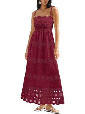 〽️Women's Red Eyelet Maxi Dress Boho Spaghetti Strap Smocked Sundress Elegant